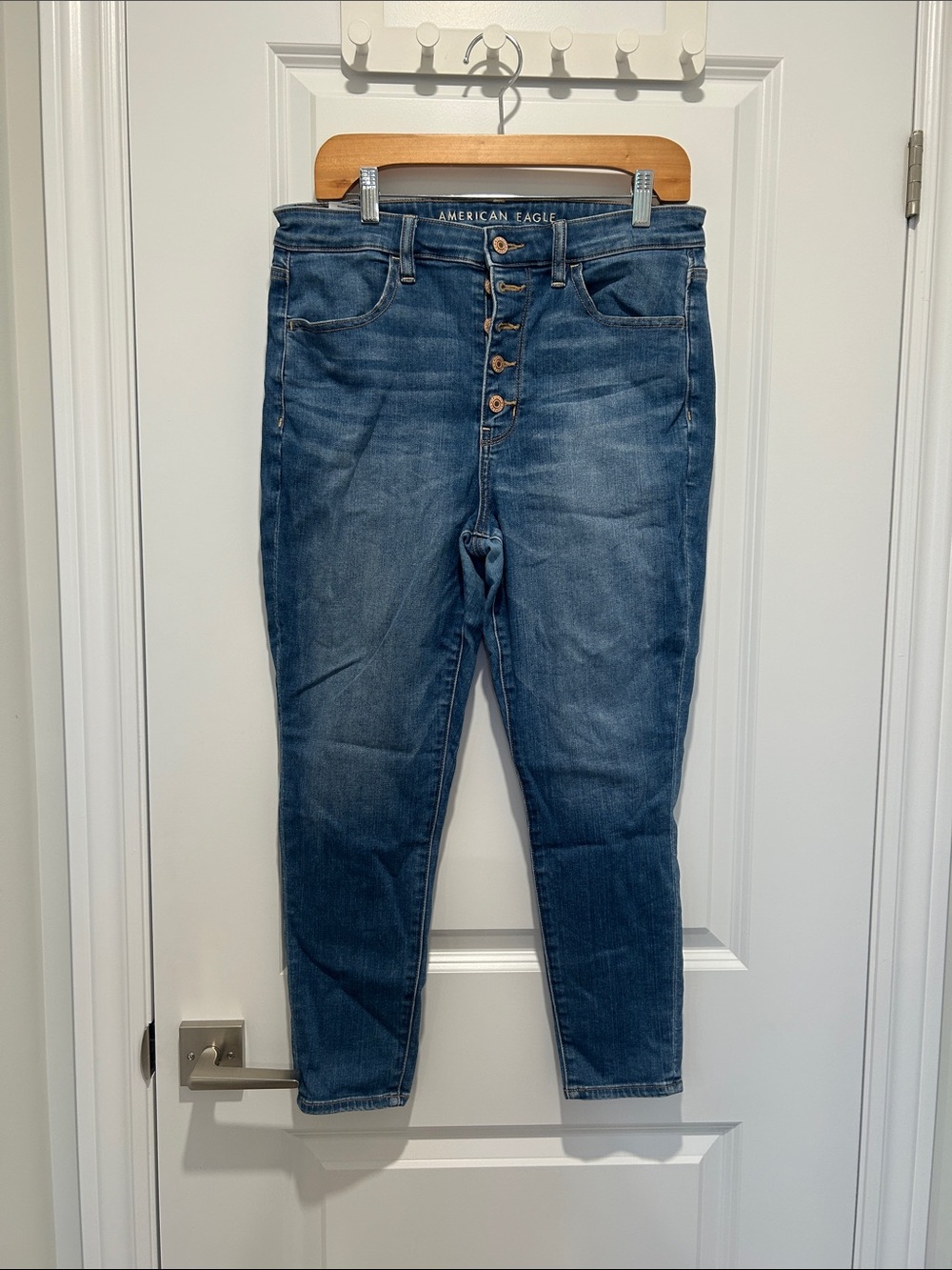 American Eagle Outfitters High-Rise Button-Fly Skinny Jeans in Medium Blue